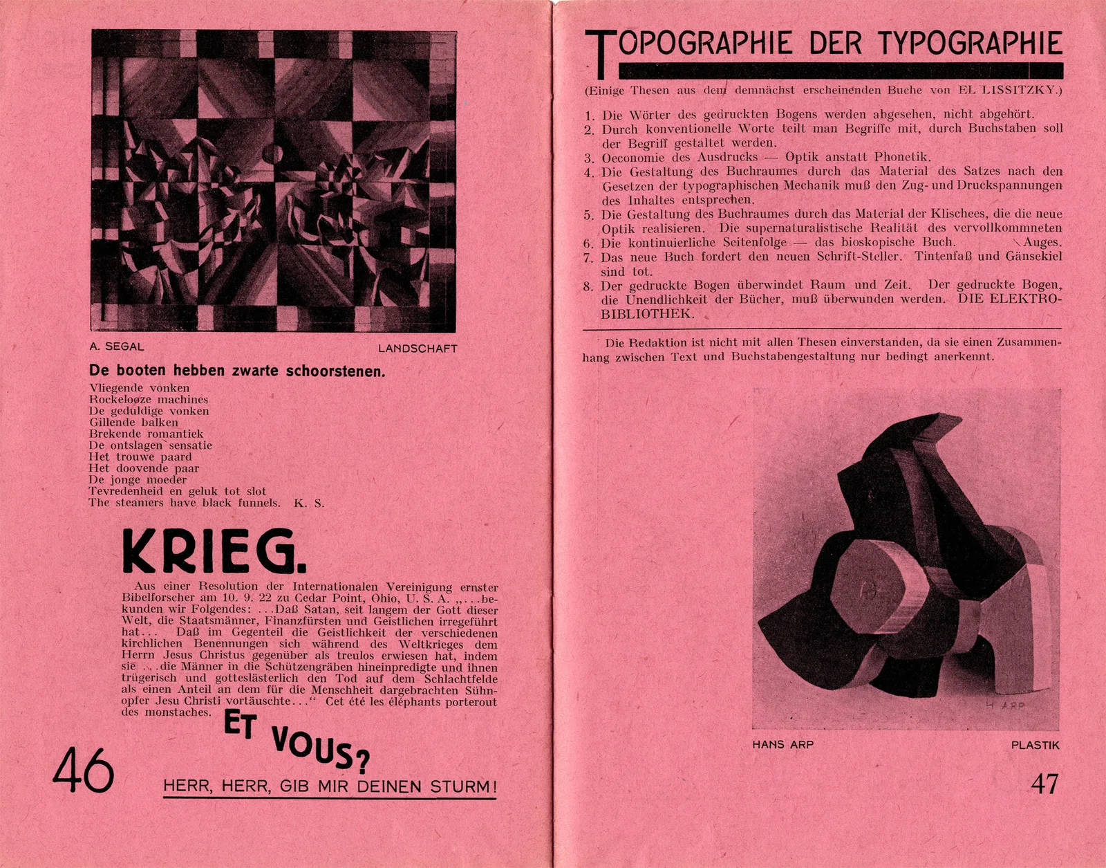 Pink two-page spread: El Lissitzky's German text "Topographie der Typographie" beside two artwork reproductions.